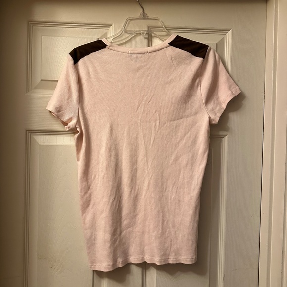 Lauren Ralph Lauren || Pink and Brown Tee || Faux Leather Capped Shoulders || XL - Picture 2 of 2